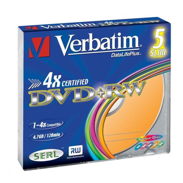 Verbatim DVD+RW Colour 43297 4.7GB 4x slim box 5 pack bez możliwości nadruku 12cm do archiwizacji danych