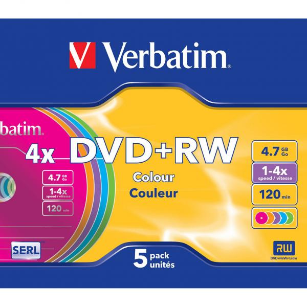 Verbatim DVD+RW Colour 43297 4.7GB 4x slim box 5 pack bez możliwości nadruku 12cm do archiwizacji danych - obrazek 4