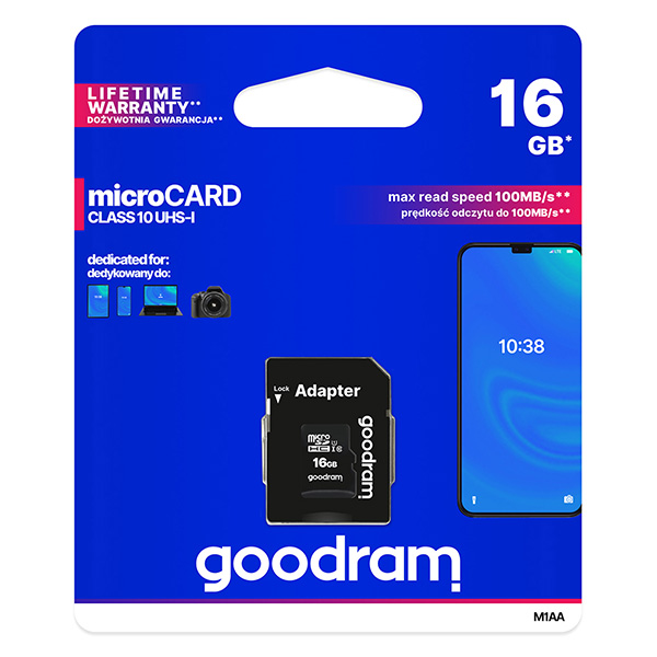 Goodram Karta pamięci Micro Secure Digital Card 16GB micro SDHC M1AA 0160R12 UHS I U1 Class 10 z adapterm