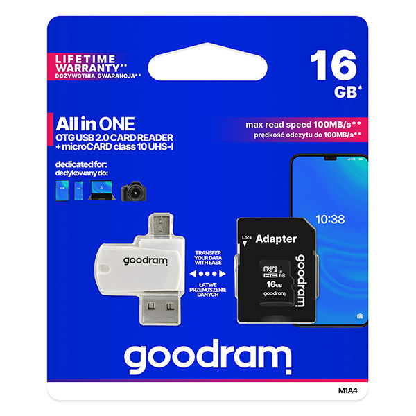 Goodram Karta pamięci Micro Secure Digital Card All In ON 16GB micro SDHC M1A4 0160R12 UHS I U1 Class 10 ALL in One z czytn