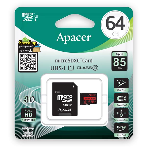 Apacer Karta pamięci Secure Digital Card V10 64GB micro SDXC AP64GMCSX10U5 R UHS I U1 Class 10 z adapterm