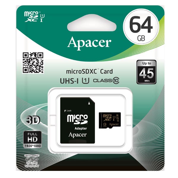 Apacer Karta pamięci Secure Digital Card U1 64GB micro SDXC AP64GMCSX10U1 R UHS I U1 Class 10 z adapterm