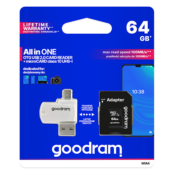 Goodram Karta pamięci Micro Secure Digital Card All In ON 64GB multipack M1A4 0640R12 UHS I U1 Class 10 ALL in One z czytni
