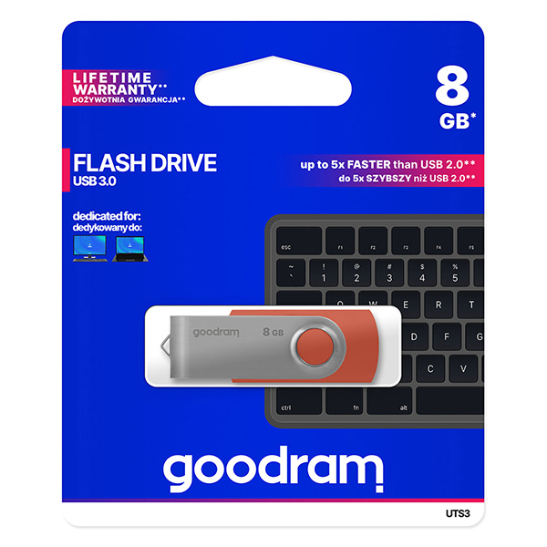 Goodram USB flash disk USB 3.0 3.2 Gen 1 8GB UTS3 czerwony UTS3 0080R0R11 USB A z obrotową osłoną
