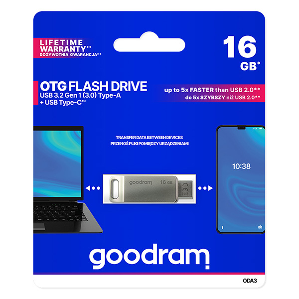 Goodram USB flash disk USB 3.0 3.2 Gen 1 16GB ODA3 srebrny ODA3 0160S0R11 USB A USB C z obrotową osłoną