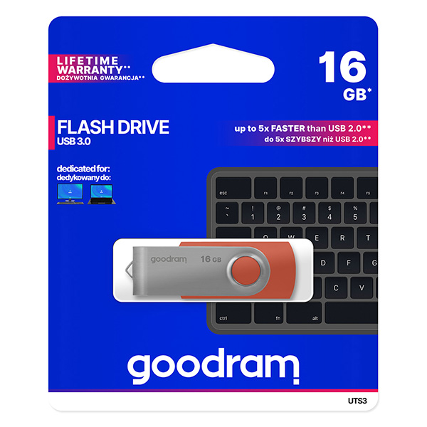 Goodram USB flash disk USB 3.0 3.2 Gen 1 16GB UTS3 czerwony UTS3 0160R0R11 USB A z obrotową osłoną