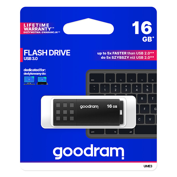 Goodram USB flash disk USB 3.0 3.2 Gen 1 16GB UME3 czarny UME3 0160K0R11 USB A z osłoną