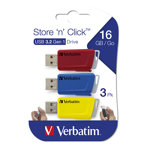 Verbatim USB flash disk USB 3.0 3.2 Gen 1 16GB Store N Click mix kolorow 49306 USB A z wysuwanym złączem. 3 szt