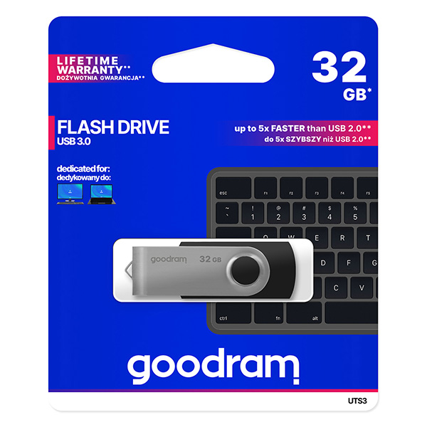 Goodram USB flash disk USB 3.0 3.2 Gen 1 32GB UTS3 czarny UTS3 0320K0R11 USB A z obrotową osłoną