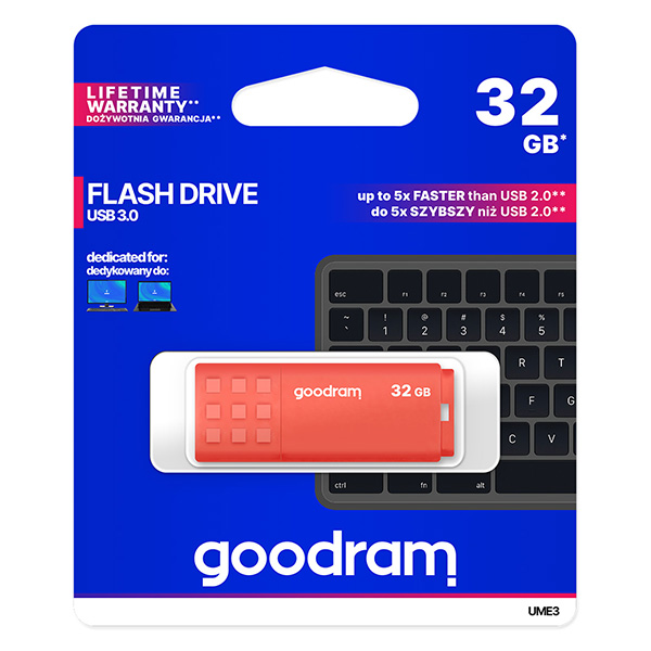 Goodram USB flash disk USB 3.0 3.2 Gen 1 32GB UME3 pomarańczowy UME3 0320O0R11 USB A z osłoną
