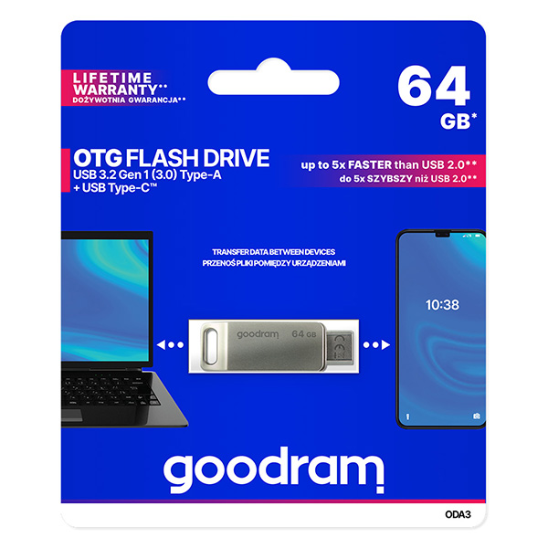 Goodram USB flash disk USB 3.0 3.2 Gen 1 64GB ODA3 srebrny ODA3 0640S0R11 USB A USB C z obrotową osłoną
