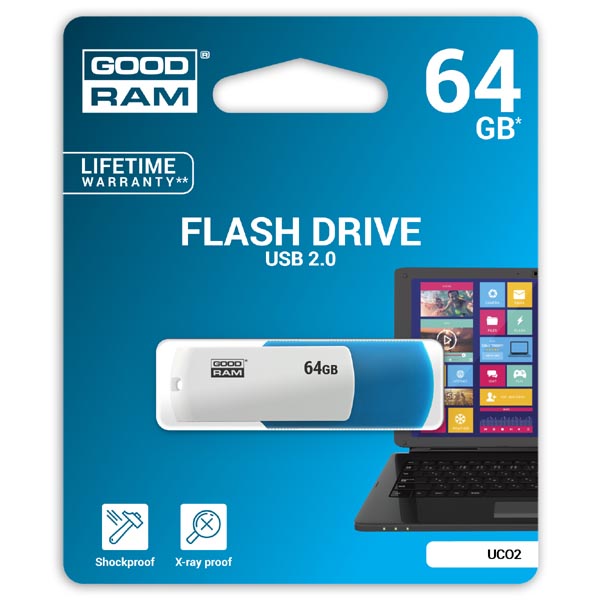 Goodram USB flash disk USB 2.0 64GB UCO2 niebieski UCO2 0640KWR11 USB A z obrotową osłoną