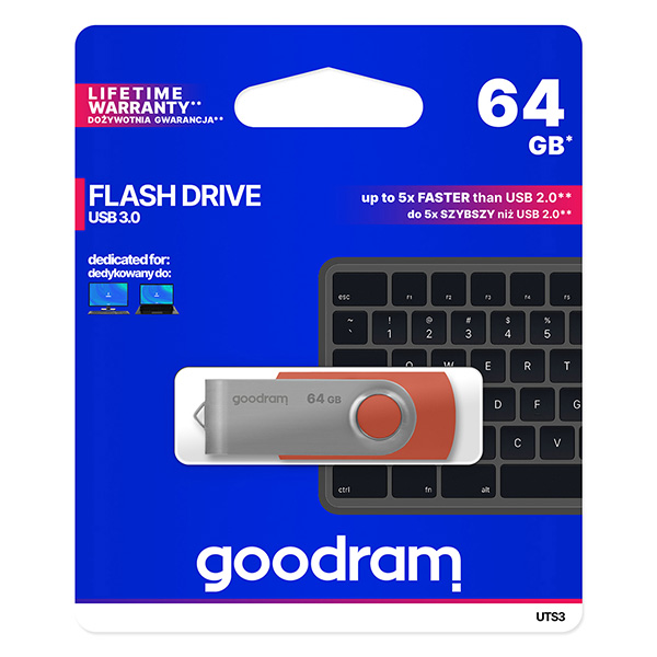 Goodram USB flash disk USB 3.0 3.2 Gen 1 64GB UTS3 czerwony UTS3 0640R0R11 USB A z obrotową osłoną