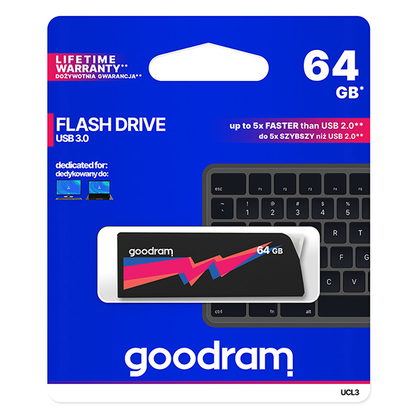 Goodram USB flash disk USB 3.0 3.2 Gen 1 64GB UCL3 czarny UCL3 0640K0R11 USB A z wysuwanym złączem