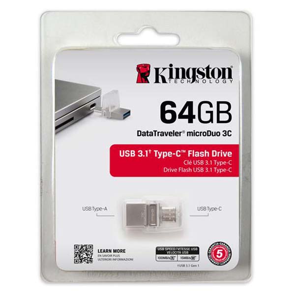 Kingston USB flash disk OTG USB 3.0 3.2 Gen 1 64GB DataTraveler microDuo 3C srebrny DTDUO3C 64GB USB A USB C z osłoną