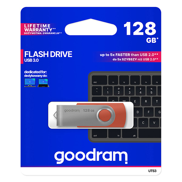 Goodram USB flash disk USB 3.0 3.2 Gen 1 128GB UTS3 czerwony UTS3 1280R0R11 USB A z obrotową osłoną