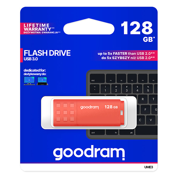 Goodram USB flash disk USB 3.0 3.2 Gen 1 128GB UME3 pomarańczowy UME3 1280O0R11 USB A z osłoną