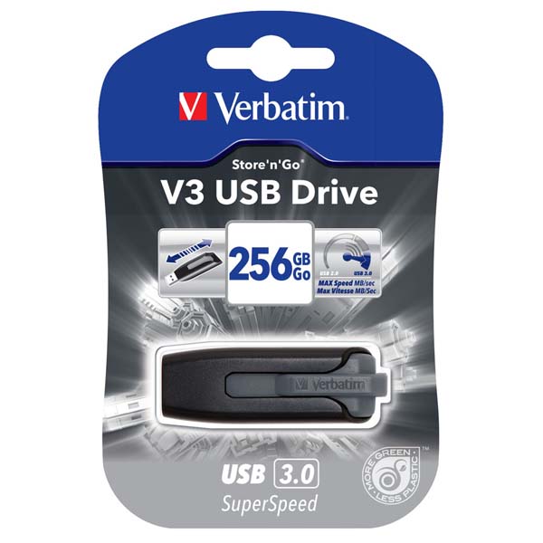 Verbatim USB flash disk USB 3.0 3.2 Gen 1 256GB V3 Store N Go czarny 49168 USB A z wysuwanym złączem
