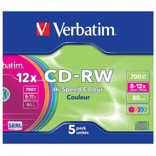 Verbatim CD RW 43167 SERL High Speed Colour 5 pack 700MB 12x 80min. 12cm bez możliwości nadruku slim box do archiwizacji - obrazek 3