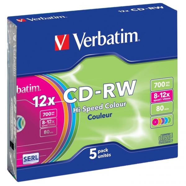 Verbatim CD RW 43167 SERL High Speed Colour 5 pack 700MB 12x 80min. 12cm bez możliwości nadruku slim box do archiwizacji - obrazek 4