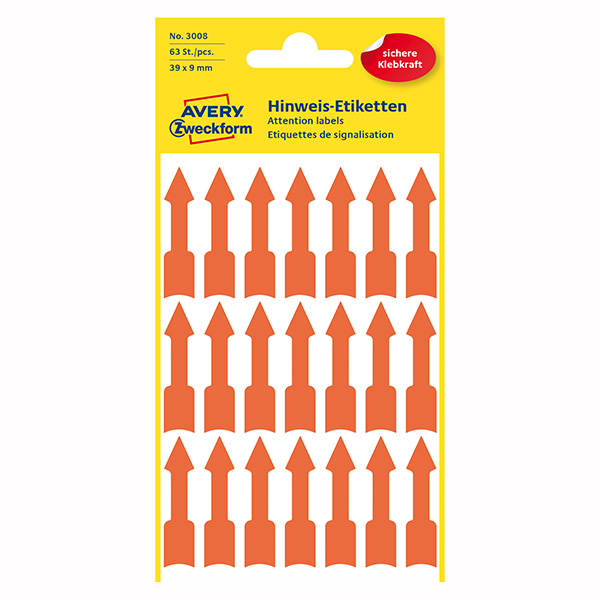 Avery Zweckform etykiety 39mm x 9mm pomarańczowe 21 etykiety ostrzeżenie strzałka pakowany po 3 szt. 3008 do pisma odręczne