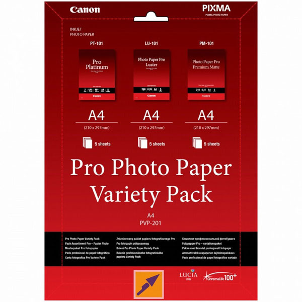 Canon Photo Paper Pro Variety Pack PVP 201 foto papier 5x matowy PM 101 5x glossy PT 101 5x LU 101 typ biały A4 15 szt. 621