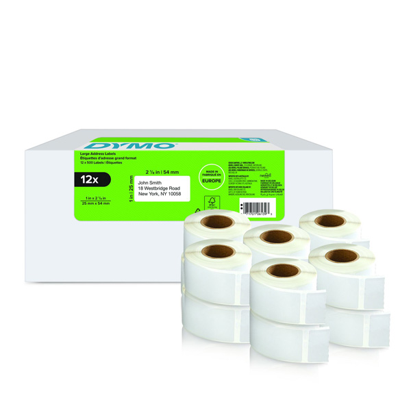Dymo etykiety papierowe 54mm x 25mm białe na adres zwrotny 12 x 500 szt. 2177563