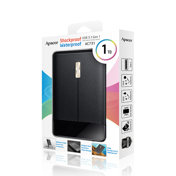 Apacer zewnętrzny dysk twardy AC731 2.5 Inch USB 3.0 3.2 Gen 1 1TB AP1TBAC731B 1 czarny wstrząsoodporny odporny na kurz i wo