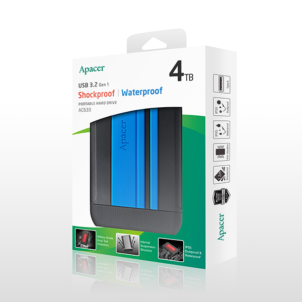 Apacer zewnętrzny dysk twardy AC633 2.5 Inch USB 3.0 3.2 Gen 1 4TB AP4TBAC633U 1 niebieski wstrząsoodporny odporny na kurz i
