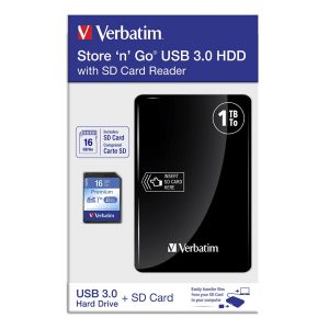 Verbatim zewnętrzny dysk twardy z czytnikiem kart pamięci Store N Go 2.5 Inch USB 3.0 3.2 Gen 1 1TB 53421 czarny + SD karta 1