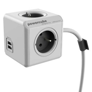 Kabel sieciowy 230V przedłużacz CEE7 widelec POWERCUBE 1.5m EXTENDED USB szary POWERCUBE 2 porty USB 4 gniazda