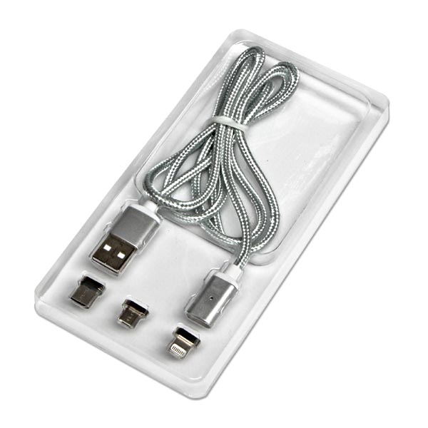 Kabel USB z zestawem końcowek 2.0 USB A samec 1m przewod okrągły w oplocie srebrny magnetyczne końcowki - obrazek 2