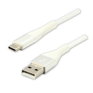 USB kabel 2.0 USB A samec 1m 480 Mb s 5V 3A biały Logo box oplot nylonowy aluminiowa osłona złącza