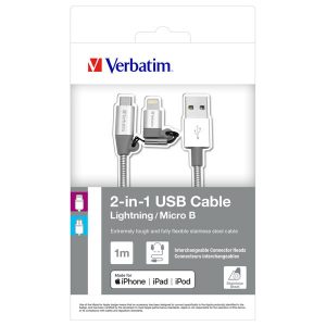 USB kabel 2.0 USB A samec  1m 2 in 1 srebrny Verbatim box 48869 regulowana końcowka Lightning