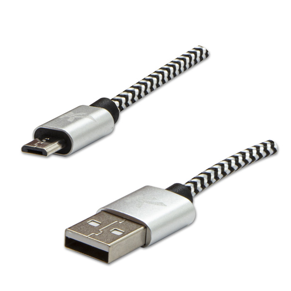 USB kabel 2.0 USB A samec 2m 480 Mb s 5V 1A srebrny Logo box oplot nylonowy aluminiowa osłona złącza