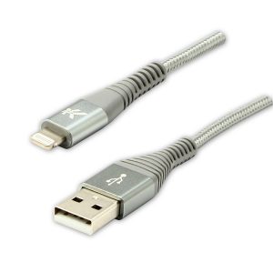 USB kabel 2.0 USB A samec  Apple Lightning M 1m MFi certifikat 5V 24A srebrny Logo box oplot nylonowy aluminiowa osłon