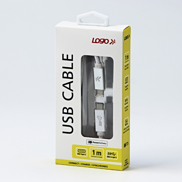 USB kabel 3.2 gen 2 USB C samec 1m Power Delivery 100W 10 Gb s 20V 5A biały Logo box oplot nylonowy aluminiowa osłona - obrazek 3