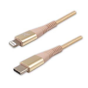 USB kabel 2.0 USB C samec  Apple Lightning M 2m MFi certifikat 5V 3A złoty Logo box oplot nylonowy aluminiowa osłona zł