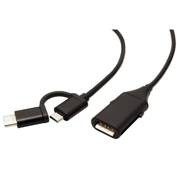 USB kabel 2.0 USB A samice+M 1m okrągły czarny plastic bag z redukcją do USB C OTG