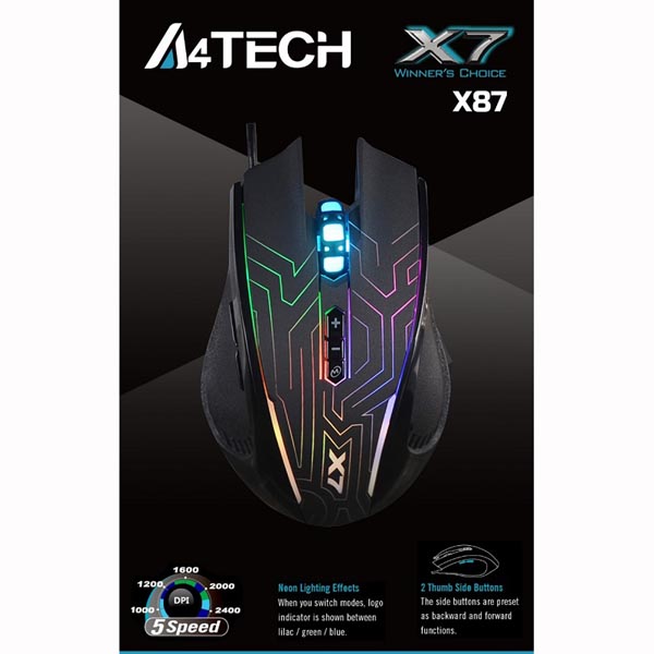 A4Tech Mysz X87 Oscar Neon 2400DPI optyczna 8kl. przewodowa USB czarna do gry podświetlenie Neon - obrazek 2