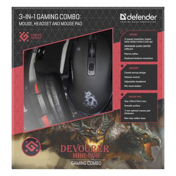 Defender Zestaw myszy podkładka słuchawki Devourer MHP 006 3200DPI optyczna 6kl. przewodowa USB czarna w zestawie słuchawk - obrazek 8