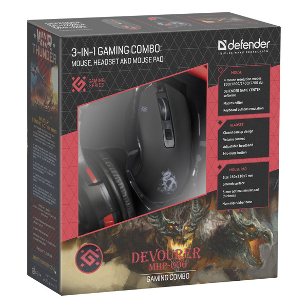 Defender Zestaw myszy podkładka słuchawki Devourer MHP 006 3200DPI optyczna 6kl. przewodowa USB czarna w zestawie słuchawk - obrazek 9