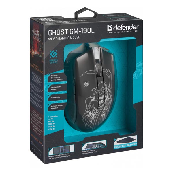 Defender Mysz Ghost GM 190L 3200DPI optyczna 6kl. przewodowa USB czarna z podkładką gamingową podświetlona - obrazek 5