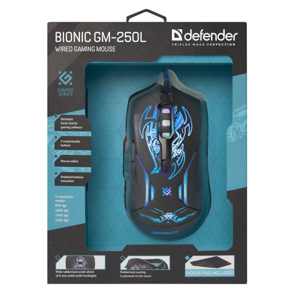 Defender Mysz Bionic GM 250L 3200DPI optyczna 6kl. przewodowa USB czarna z podkładką gamingową podświetlona - obrazek 3