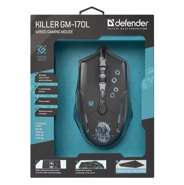 Defender Mysz Killer GM 170L 3200DPI optyczna 7kl. przewodowa USB czarna z podkładką gamingową podświetlona - obrazek 3