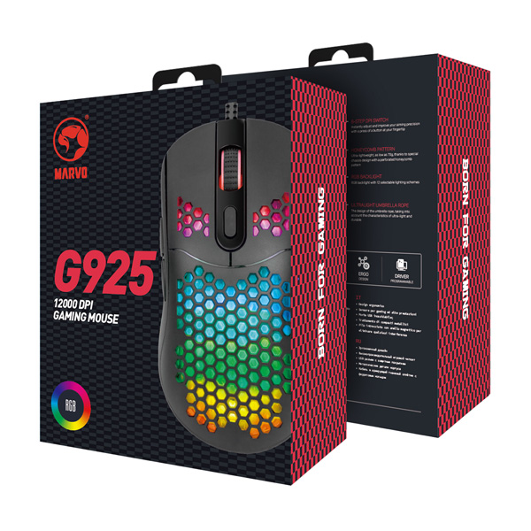 Marvo Mysz G925 12000DPI optyczna 7kl. przewodowa USB czarna do gry podświetlona - obrazek 12
