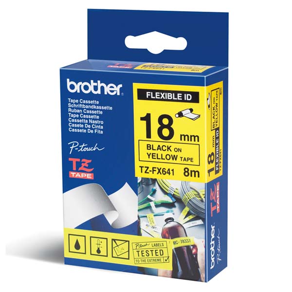 Brother oryginalny taśma do drukarek etykiet Brother TX 641 czarny druk żołty podkład laminowane 8m 18mm