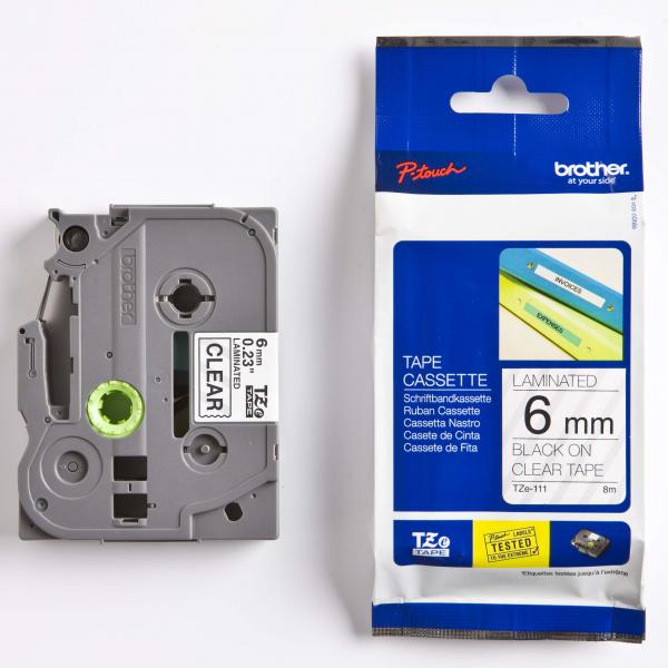 Brother oryginalny taśma do drukarek etykiet Brother TZE 111 czarny druk przezroczysty podkład laminowane 8m 6mm