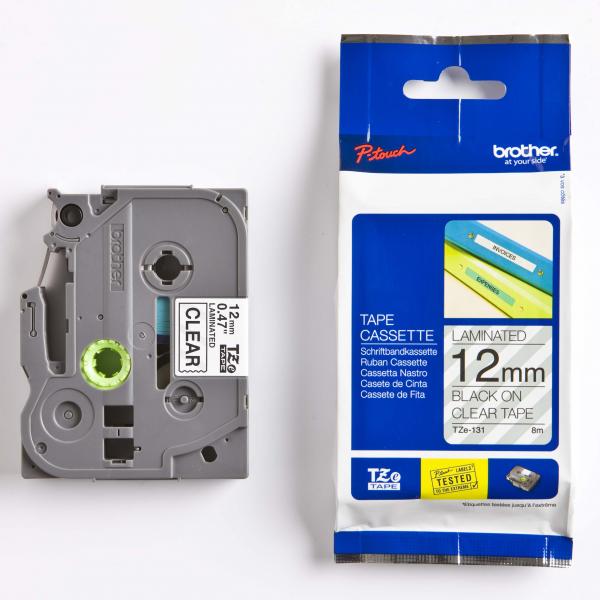 Brother oryginalny taśma do drukarek etykiet Brother TZE 131 czarny druk przezroczysty podkład laminowane 8m 12mm