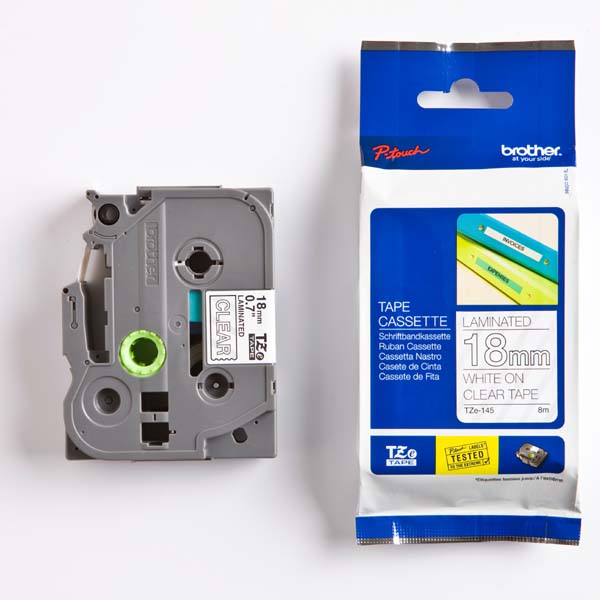 Brother oryginalny taśma do drukarek etykiet Brother TZE 145 biały druk przezroczysty podkład laminowane 8m 18mm